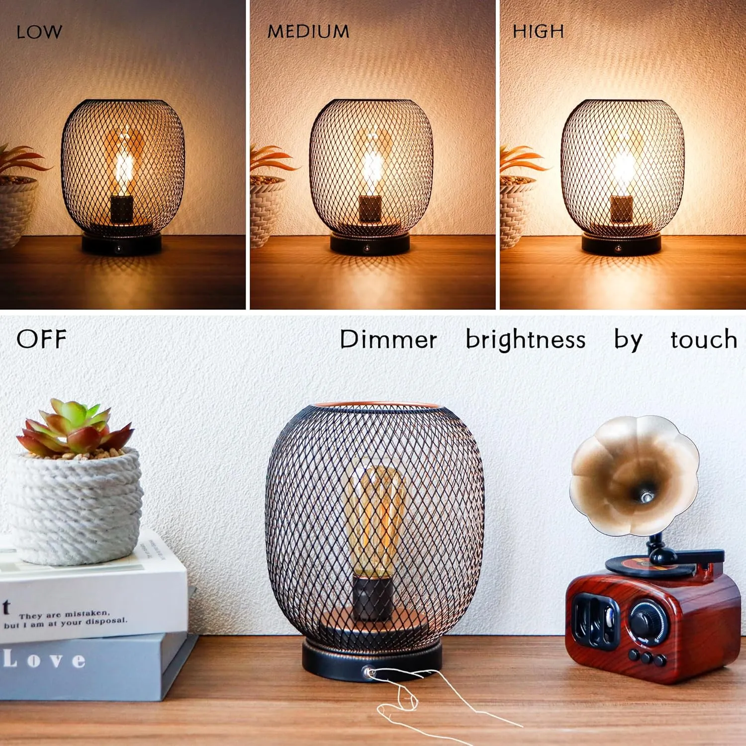 JHY DESIGN Dimmable Touch Bedside Table Lamp Rechargeable Battery Powered Lamp with LED Bulb Night Accent Light for Weddings Parties Patio Events for Indoors Outdoors(Metal Base, Bronze Round)