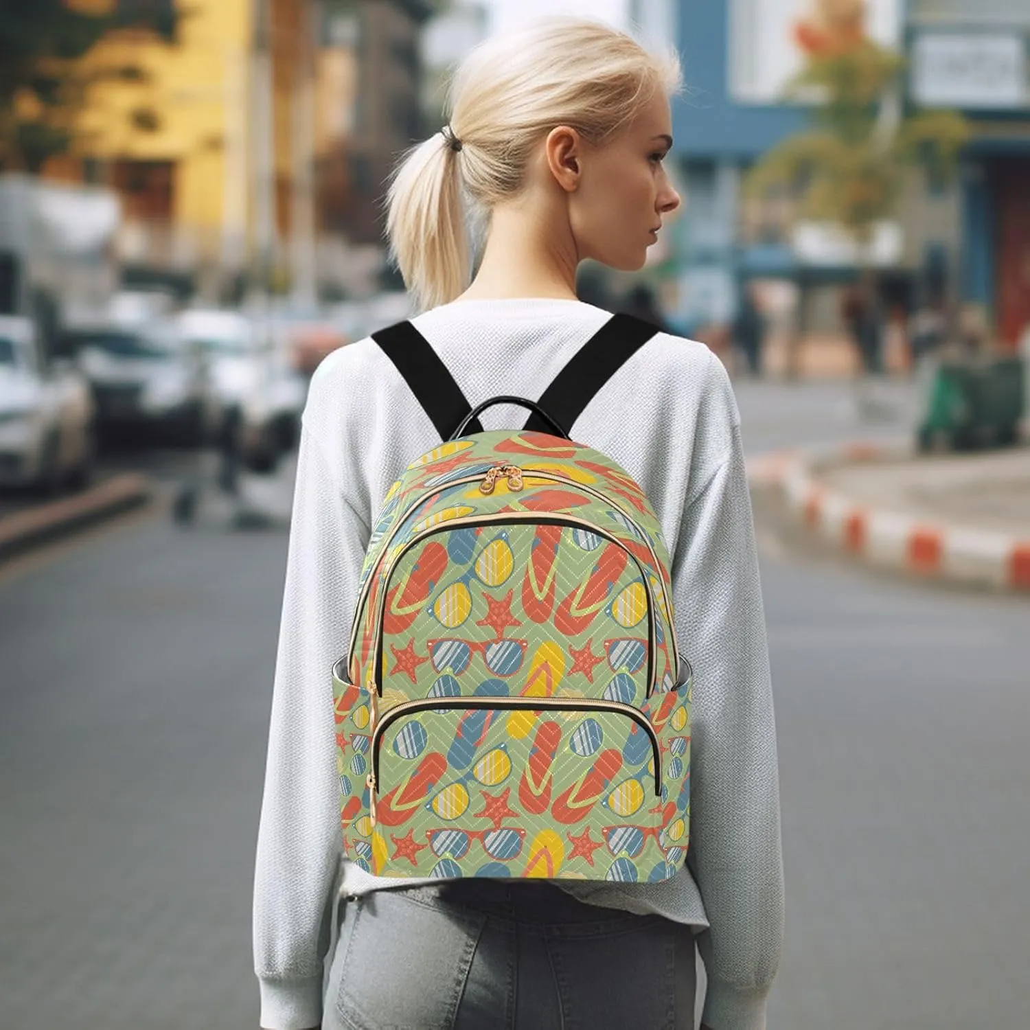Joisal Colorful Flip Flops Sunglasses Backpack Lightweight Anti Theft Work Backpack Medium Travel Backpack Women