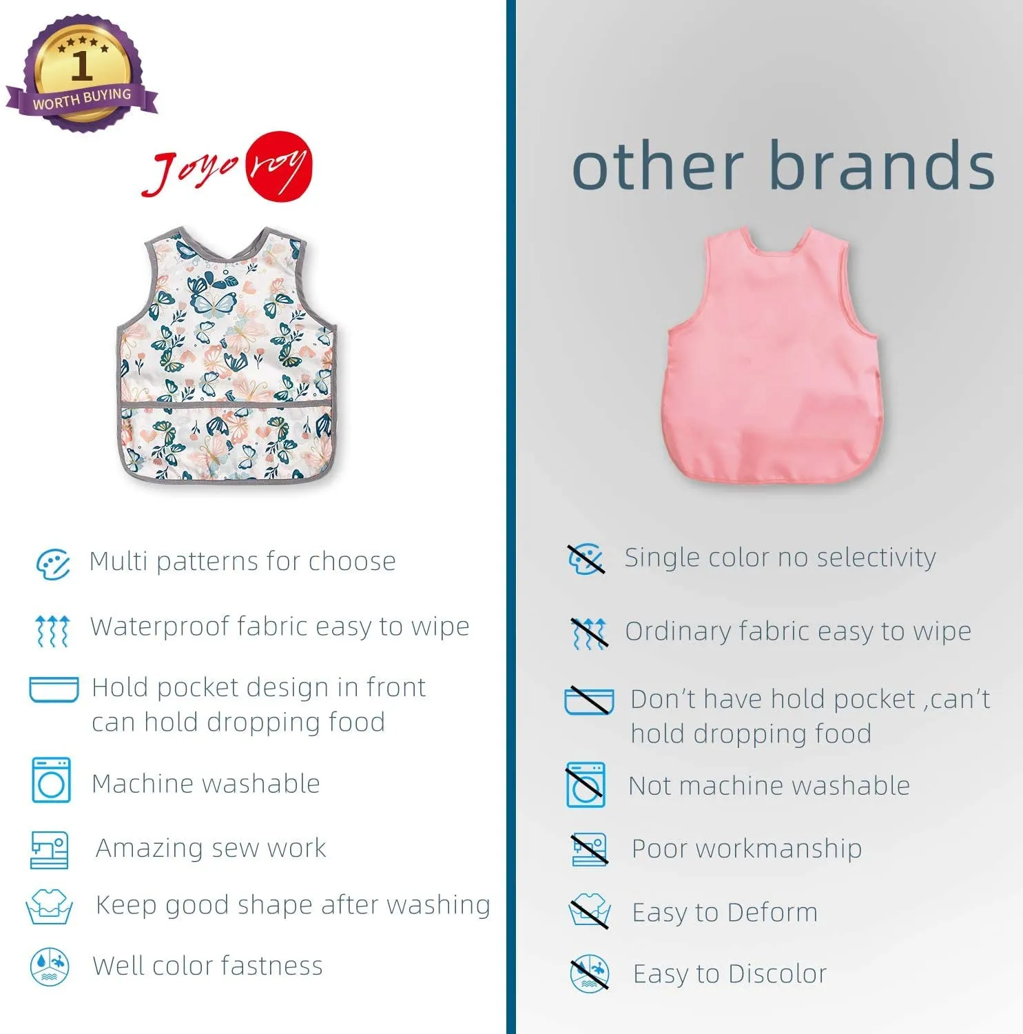 Joyo roy Mess Proof Baby Bibs for Eating Waterproof Toddler Bibs 1-3 Years Soft Machine Washable Sleeveless Baby Smock Bib for Girls Travel Reusable Led Weaning Apron for Feeding Bib with Food Catcher