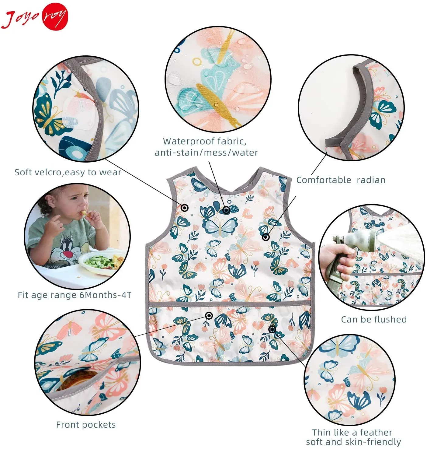 Joyo roy Mess Proof Baby Bibs for Eating Waterproof Toddler Bibs 1-3 Years Soft Machine Washable Sleeveless Baby Smock Bib for Girls Travel Reusable Led Weaning Apron for Feeding Bib with Food Catcher
