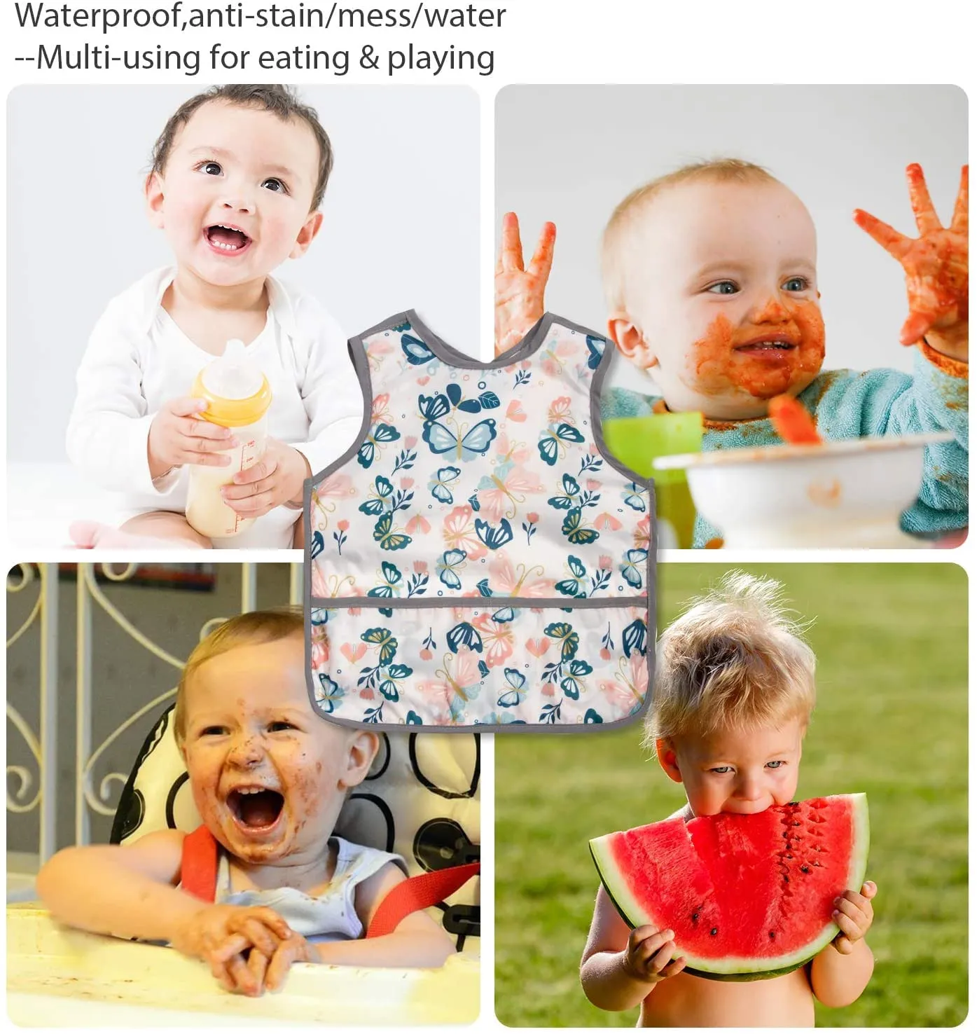Joyo roy Mess Proof Baby Bibs for Eating Waterproof Toddler Bibs 1-3 Years Soft Machine Washable Sleeveless Baby Smock Bib for Girls Travel Reusable Led Weaning Apron for Feeding Bib with Food Catcher