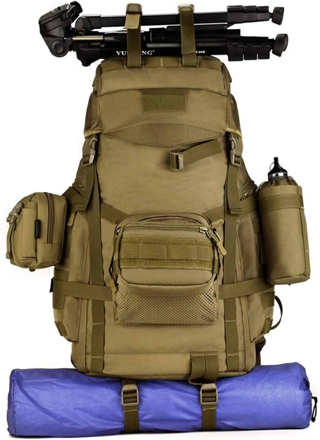 Jungle Leopard 60L Tactical Backpack Man with Tripod Holer Army Rucksack Sports Bag for Hiking Camping Hunting Trekking(S419-60-WD)