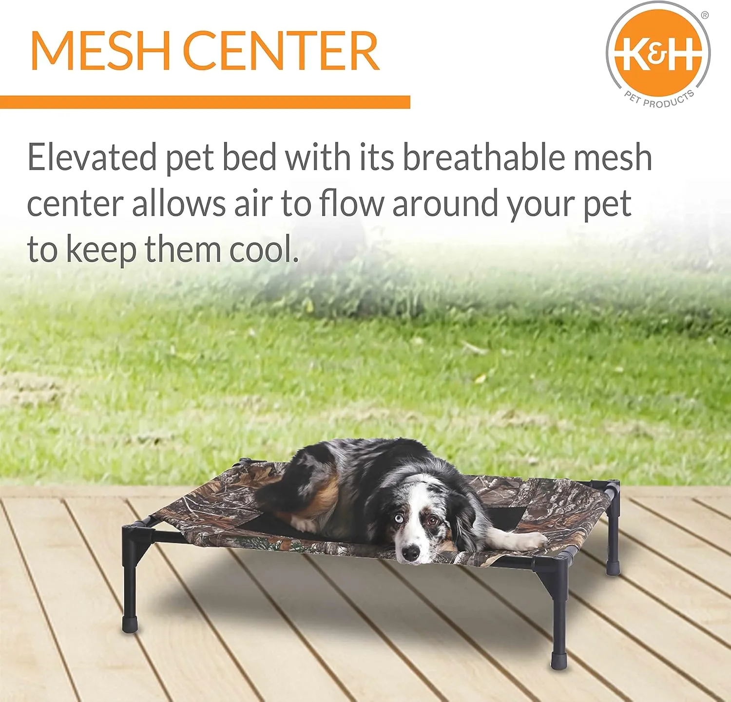 K&H Pet Products Outdoor Elevated Dog Cot, Breathable Cooling Elevated Cot Hammock Pet Bed for Large Dogs, Washable Mesh Cover, Raised Metal Frame, Collapsible, Portable - Large 42 X 30in Camo