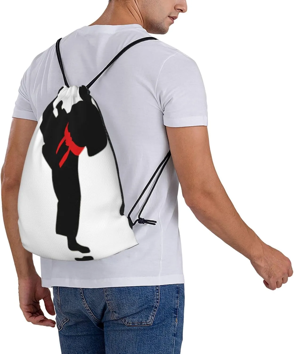 Karate Boy Vector Changeable Belt Color Drawstring Backpack Sports Gym Bag String Cinch Pouch For Daily Use