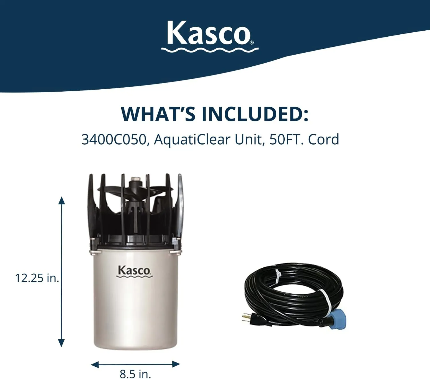 Kasco AquatiClear Water Circulator Pump, 3/4 HP 120V with 50 ft. Electric Power Cord, Clog-Resistant Water Circulation Pump to Keep Dock, Marina & Shoreline Free of Debris