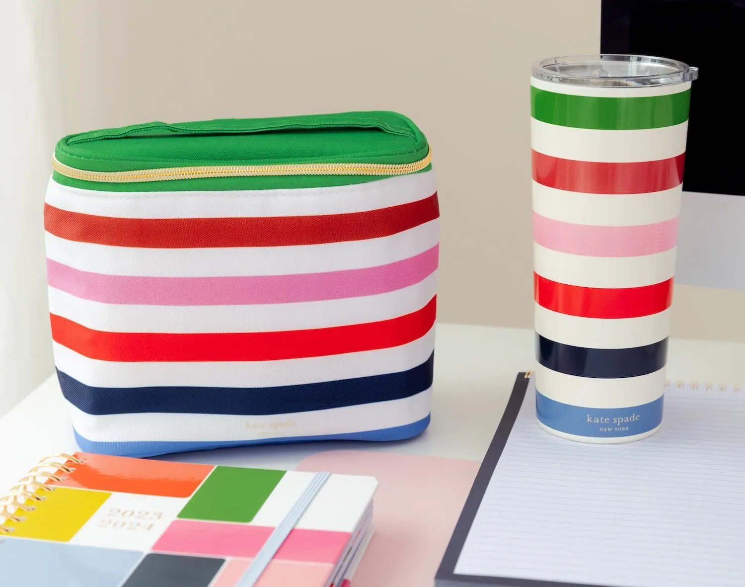 kate spade new york Cute Stainless Steel Mug, 24 Ounce Travel Tumbler, Double Wall Insulated Cup with Lid, Adventure Stripe