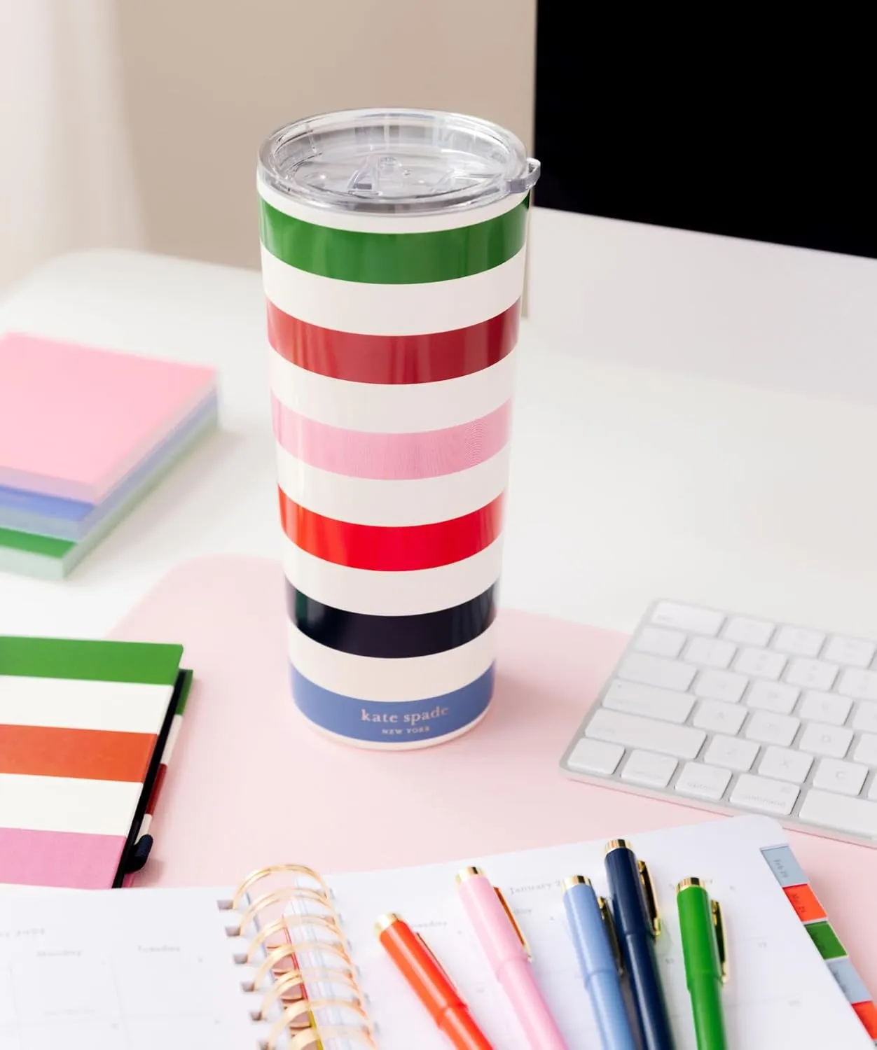 kate spade new york Cute Stainless Steel Mug, 24 Ounce Travel Tumbler, Double Wall Insulated Cup with Lid, Adventure Stripe