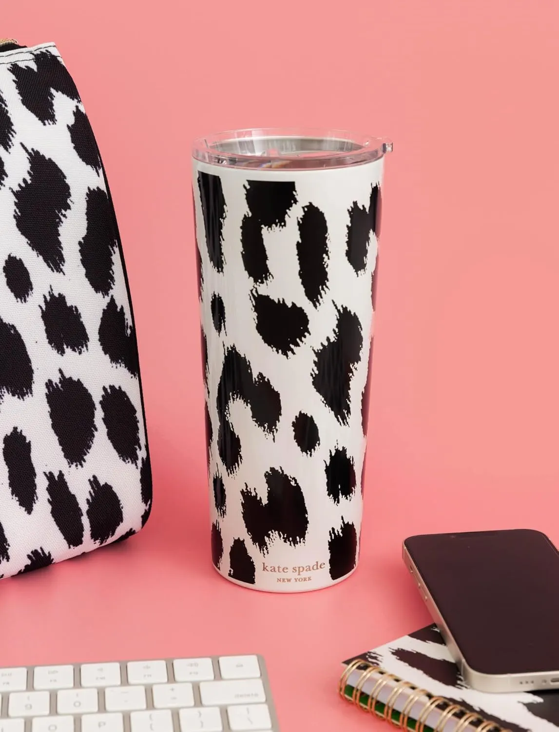 kate spade new york Cute Stainless Steel Mug, 24 Ounce Travel Tumbler, Double Wall Insulated Cup with Lid, Modern Leopard