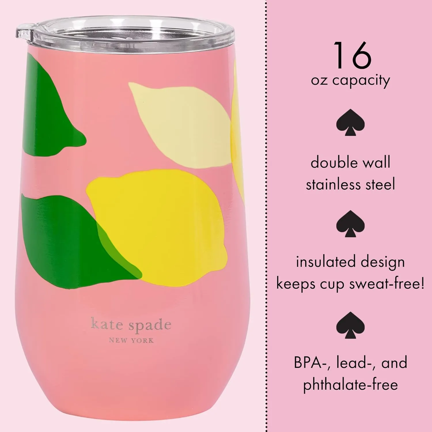 kate spade new york Insulated Stainless Steel Wine Tumbler, 16 Ounce Double Wall Tumbler, Pink Stemless Travel Cup with Lid, Lemon Toss