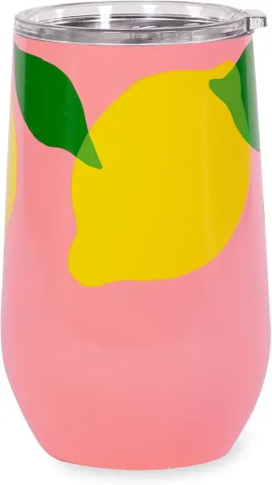 kate spade new york Insulated Stainless Steel Wine Tumbler, 16 Ounce Double Wall Tumbler, Pink Stemless Travel Cup with Lid, Lemon Toss