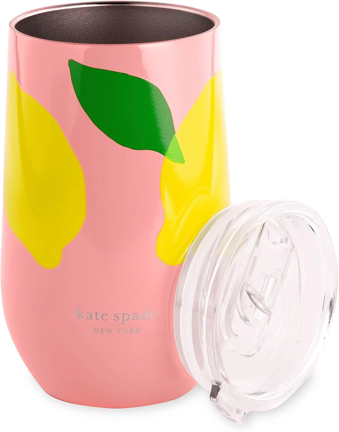 kate spade new york Insulated Stainless Steel Wine Tumbler, 16 Ounce Double Wall Tumbler, Pink Stemless Travel Cup with Lid, Lemon Toss