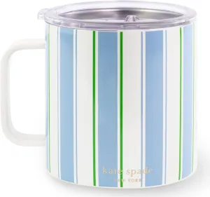 kate spade new york Stainless Steel Insulated Mug with Handle and Lid, 16 Ounce Double Wall Tumbler, Reusable Coffee Travel Mug for Hot and Cold Drinks (Daisy Stripe)