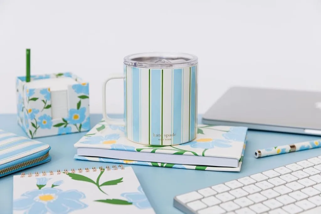 kate spade new york Stainless Steel Insulated Mug with Handle and Lid, 16 Ounce Double Wall Tumbler, Reusable Coffee Travel Mug for Hot and Cold Drinks (Daisy Stripe)