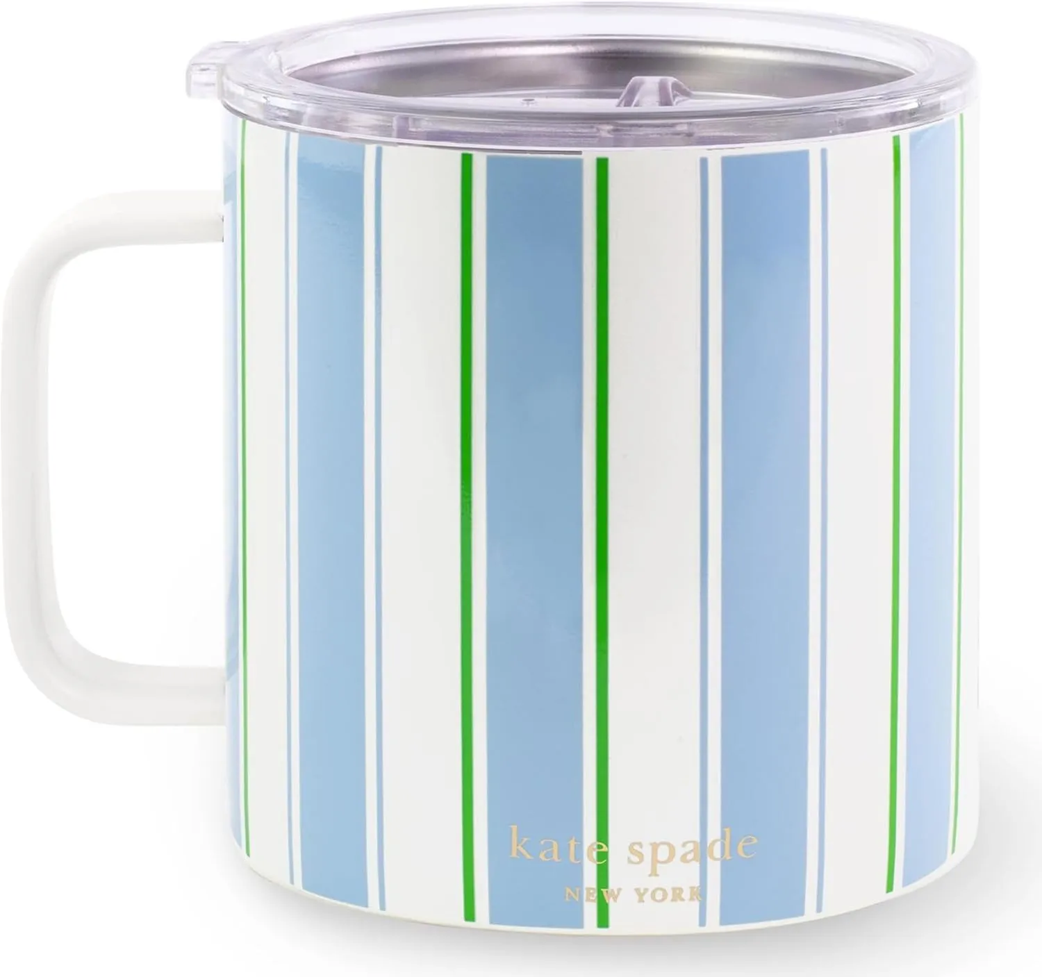 kate spade new york Stainless Steel Insulated Mug with Handle and Lid, 16 Ounce Double Wall Tumbler, Reusable Coffee Travel Mug for Hot and Cold Drinks (Daisy Stripe)