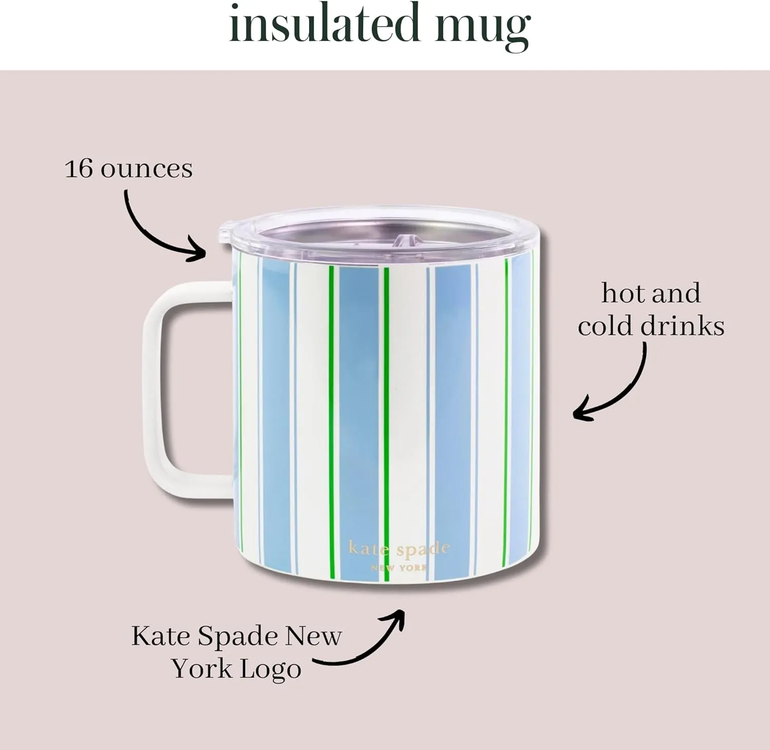 kate spade new york Stainless Steel Insulated Mug with Handle and Lid, 16 Ounce Double Wall Tumbler, Reusable Coffee Travel Mug for Hot and Cold Drinks (Daisy Stripe)