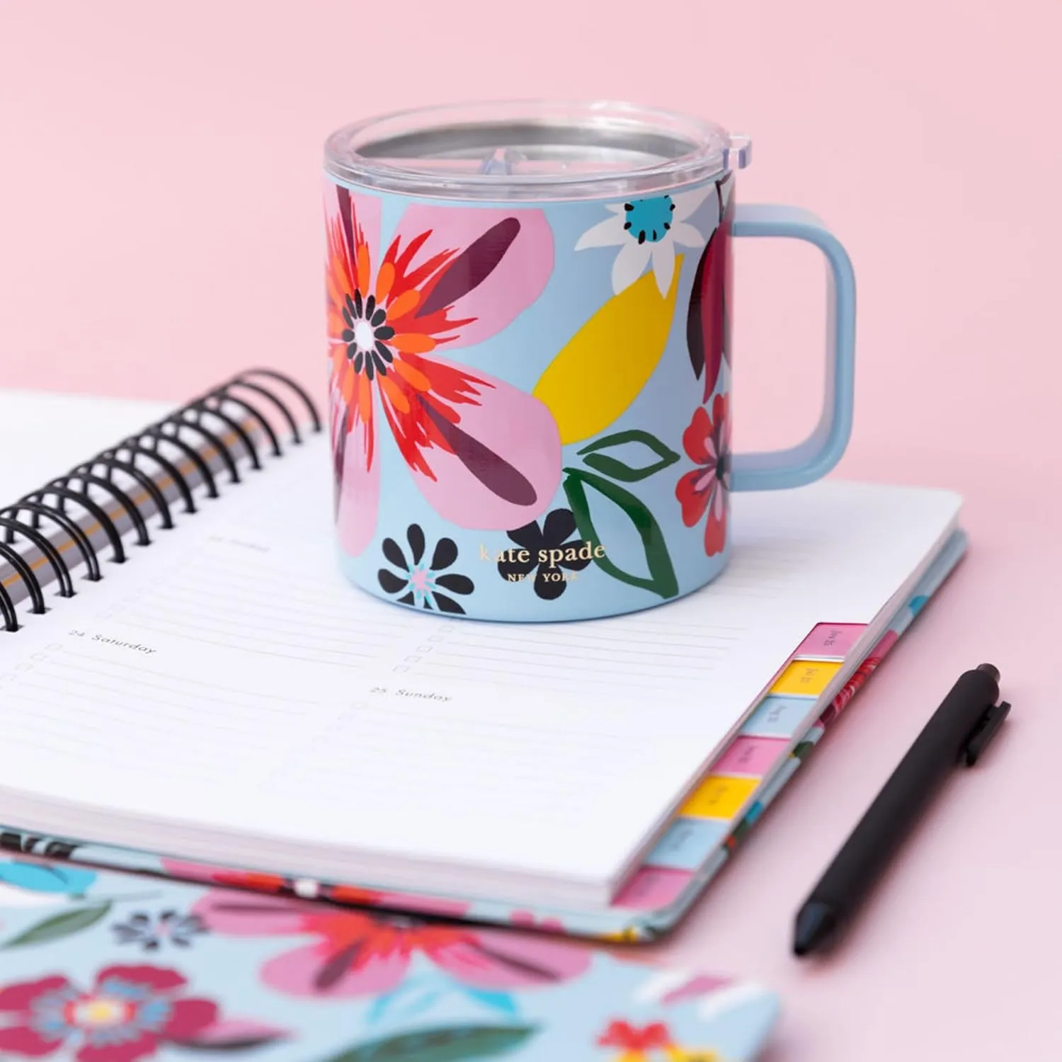 kate spade new york Stainless Steel Insulated Mug with Handle and Lid, 16 Ounce Double Wall Tumbler, Reusable Coffee Travel Mug for Hot and Cold Drinks (Safari Floral)