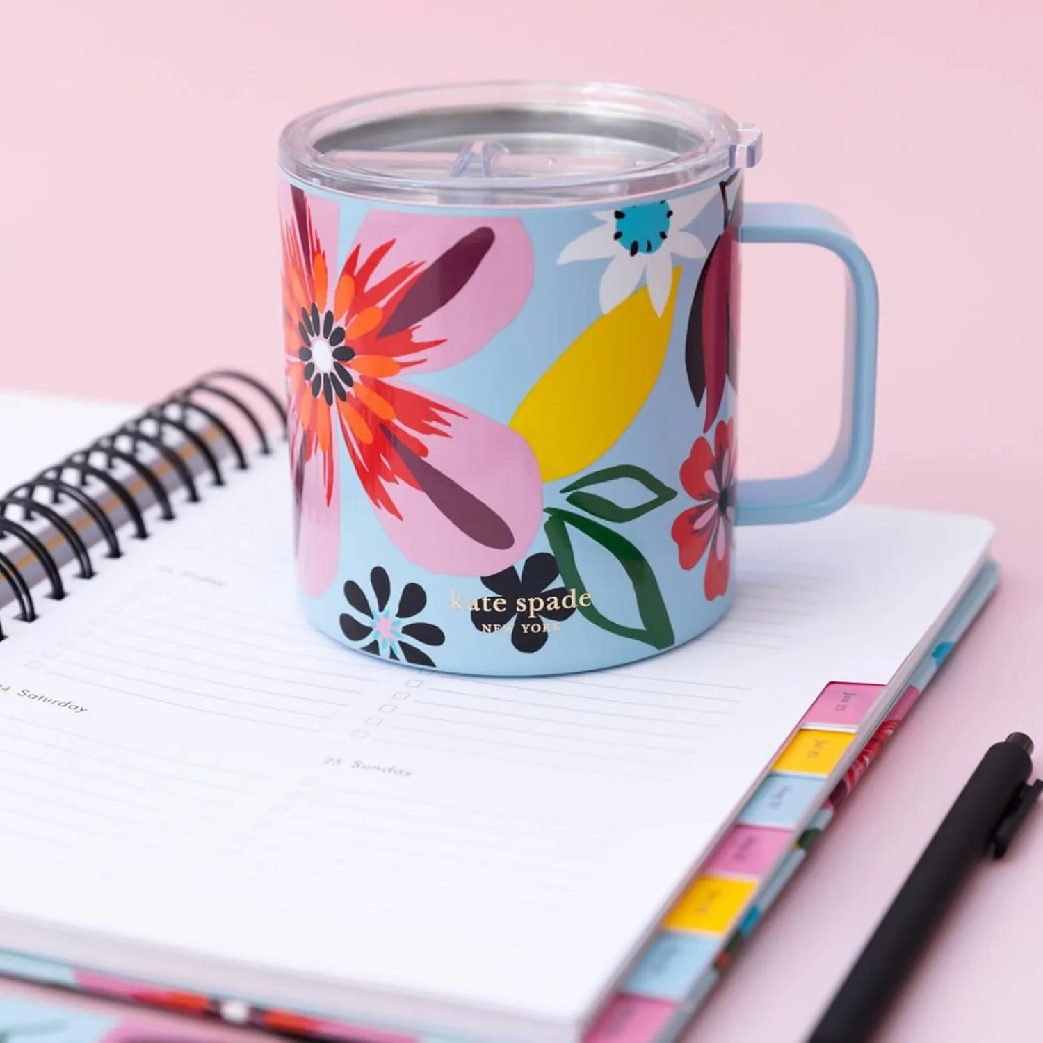 kate spade new york Stainless Steel Insulated Mug with Handle and Lid, 16 Ounce Double Wall Tumbler, Reusable Coffee Travel Mug for Hot and Cold Drinks (Safari Floral)