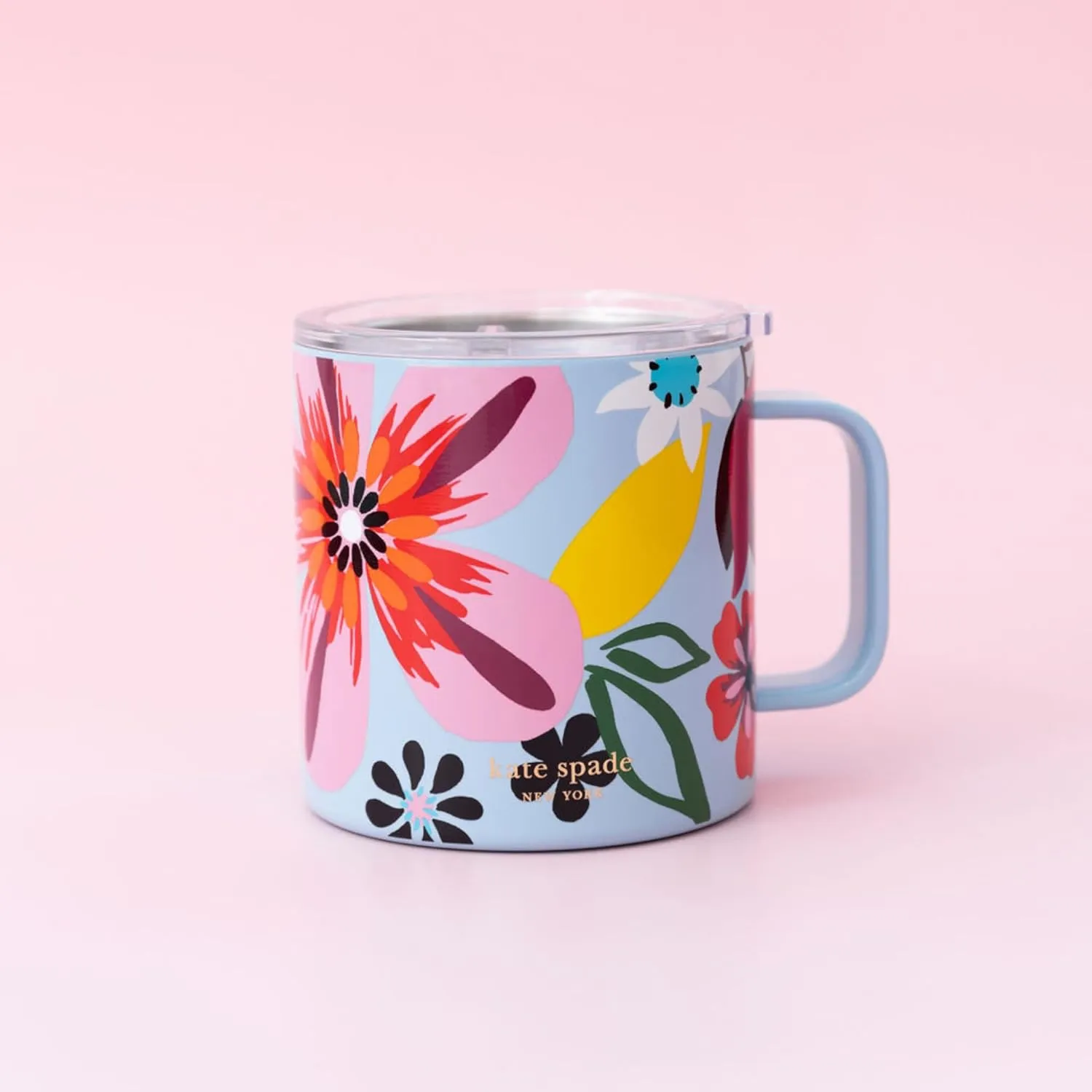 kate spade new york Stainless Steel Insulated Mug with Handle and Lid, 16 Ounce Double Wall Tumbler, Reusable Coffee Travel Mug for Hot and Cold Drinks (Safari Floral)