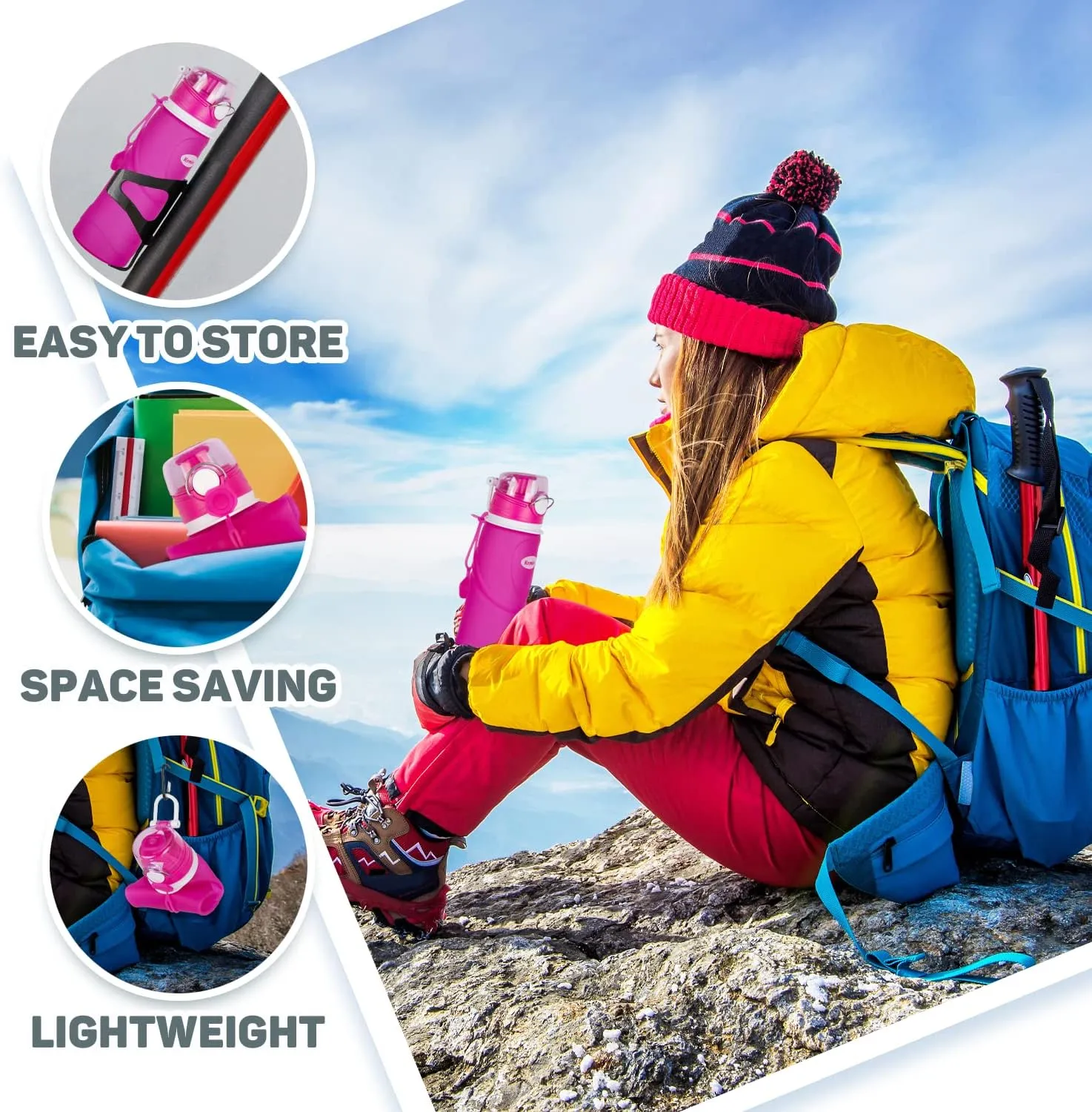 Kemier Collapsible Silicone Water Bottles-750ML,Medical Grade,BPA Free Travel Water Bottle Can Roll Up,26oz,Leak Proof Foldable Sports & Outdoor Water Bottles