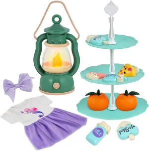 Kids Pretend Play Set with Camping Lantern, 3-Tier Dessert Stand, Dress Outfit, Toy Food Accessories
