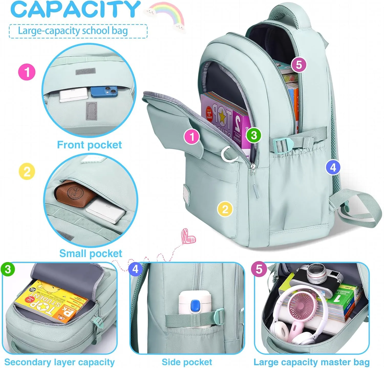 Kids School Backpack for Teens Girls Aesthetic Green Backpack Lightweight College Laptop Casual Travel Bookbag