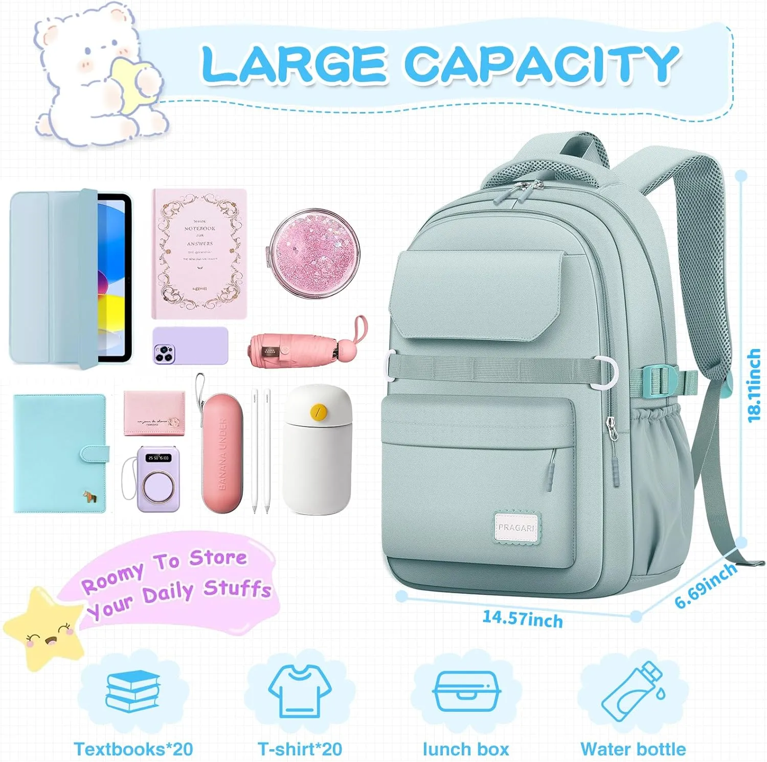 Kids School Backpack for Teens Girls Aesthetic Green Backpack Lightweight College Laptop Casual Travel Bookbag