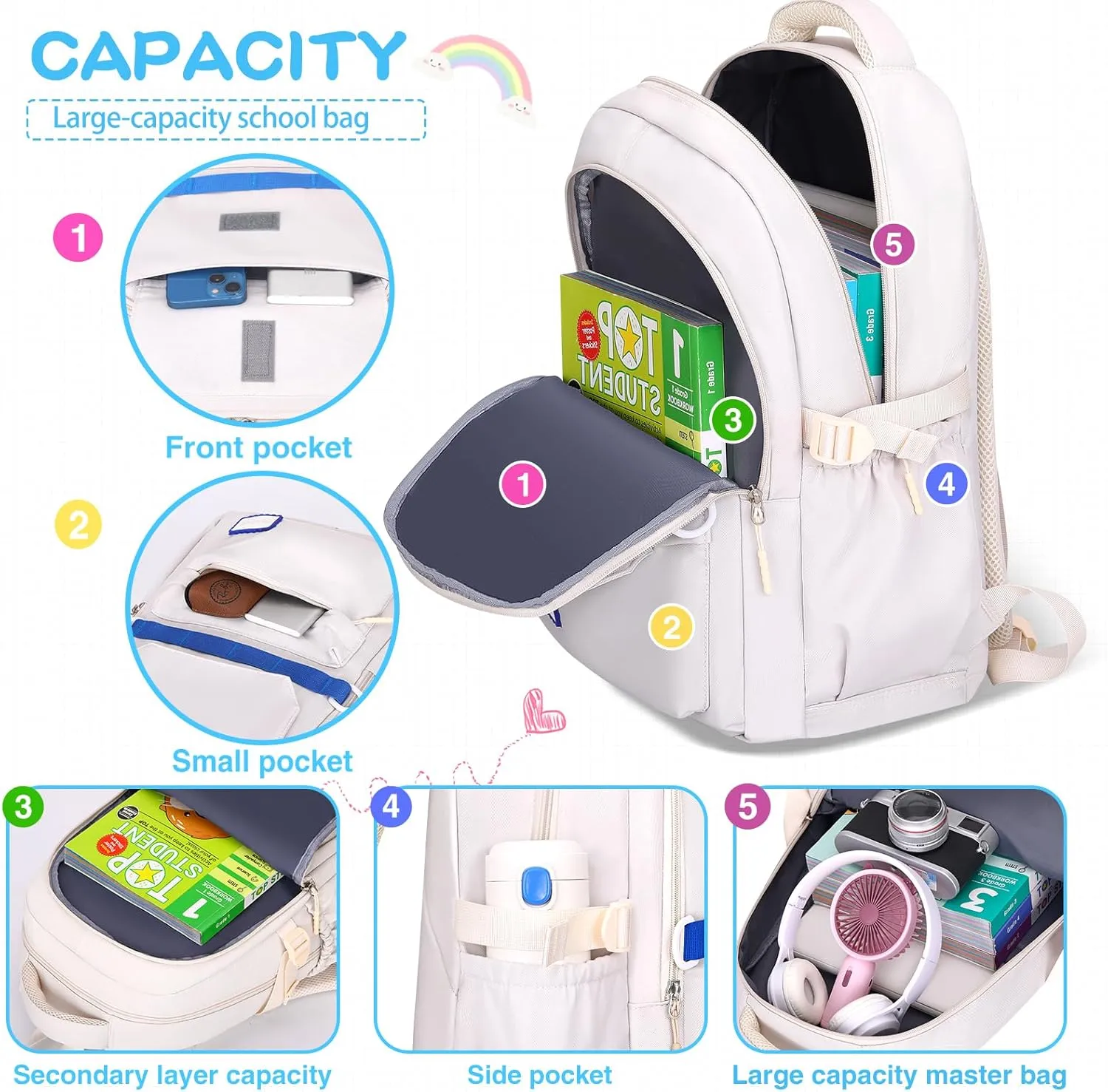 Kids School Backpack for Teens Girls Aesthetic White Backpack Lightweight College Laptop Casual Travel Bookbag