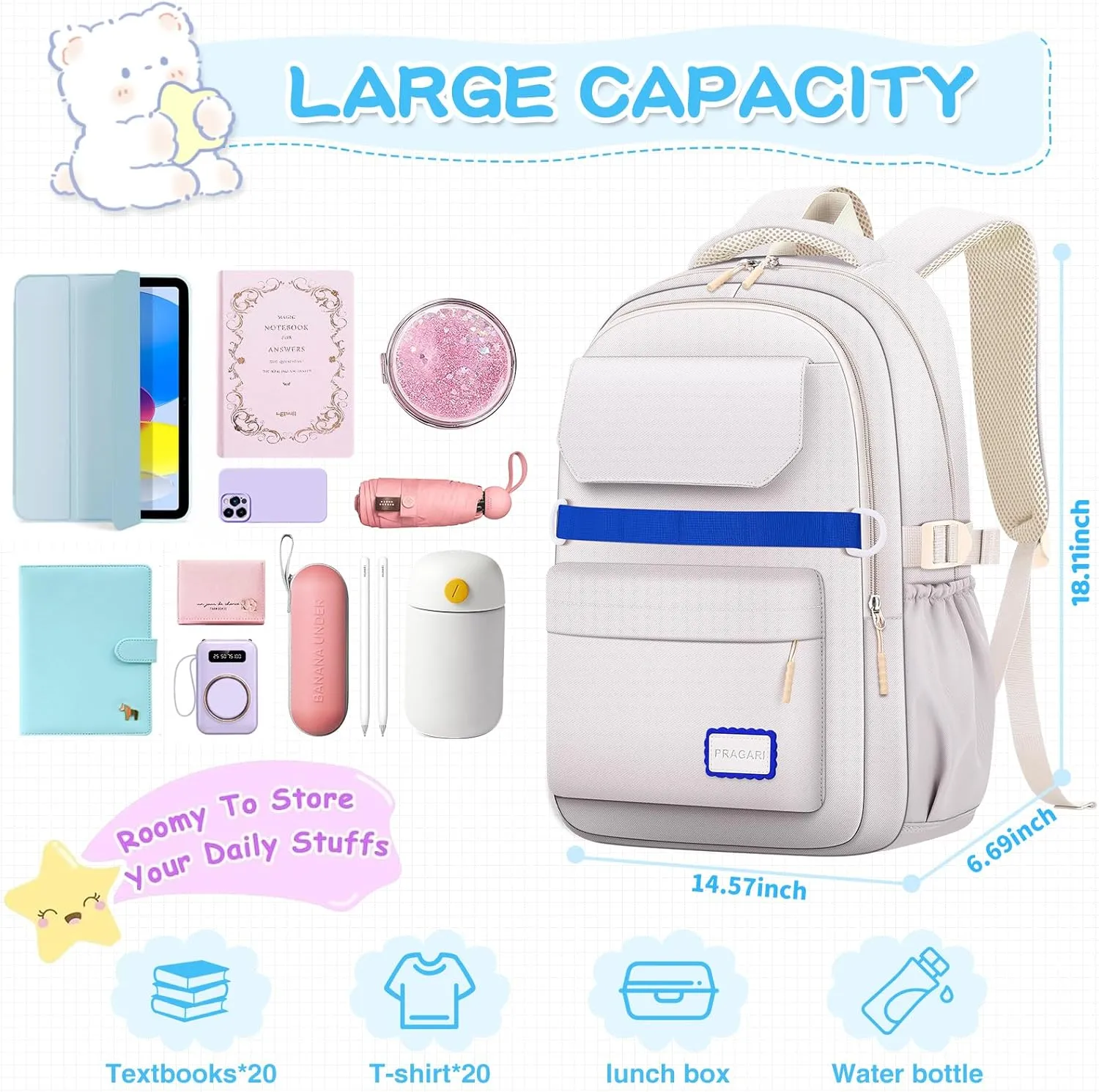 Kids School Backpack for Teens Girls Aesthetic White Backpack Lightweight College Laptop Casual Travel Bookbag
