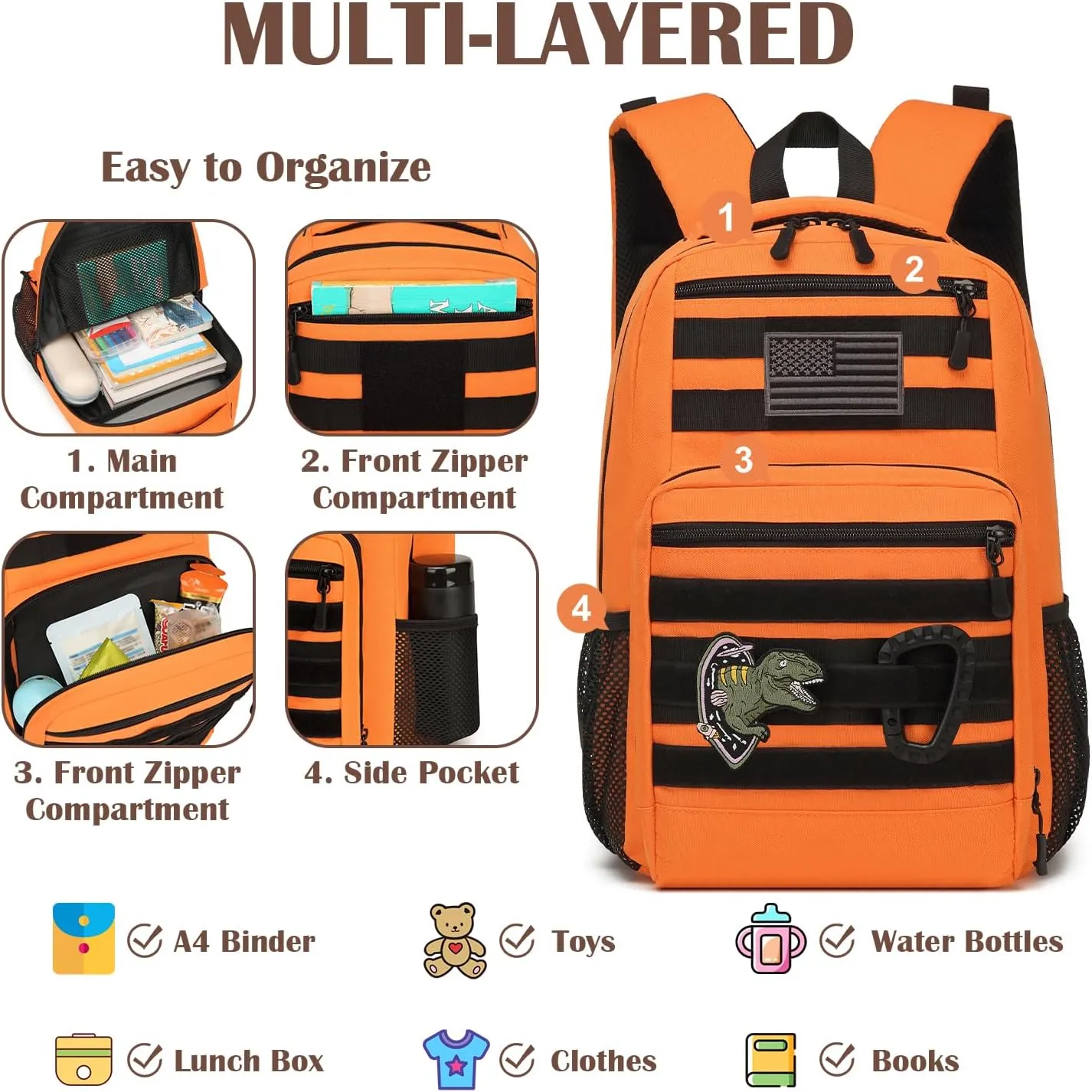Kids Tactical Backpack Army Molle Bookbag Military Boys Backpack for School, Outdoor, Camping, Orange