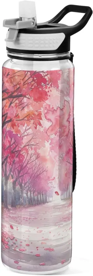 Kigai Transparent Sports Water Bottle 32oz, Cherry Blossom Trees Leakproof Wide Mouth Water Bottle with Straw, BPA Free Water Jug with Detachable Strap & Handle for Fitness Gym Outdoor