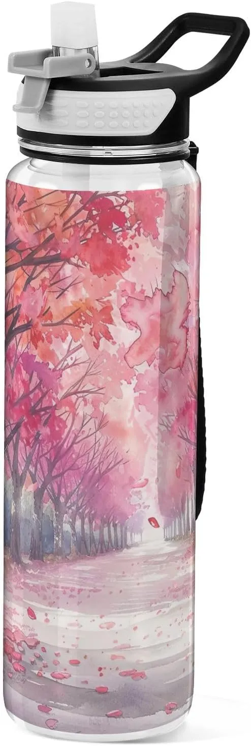 Kigai Transparent Sports Water Bottle 32oz, Cherry Blossom Trees Leakproof Wide Mouth Water Bottle with Straw, BPA Free Water Jug with Detachable Strap & Handle for Fitness Gym Outdoor
