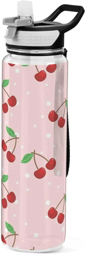 Kigai Transparent Sports Water Bottle 32oz, Cherry Leakproof Wide Mouth Water Bottle with Straw, BPA Free Water Jug with Detachable Strap & Handle for Fitness Gym Outdoor