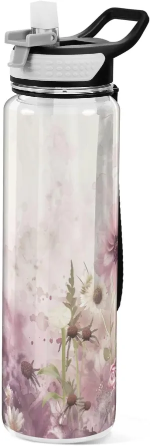 Kigai Transparent Sports Water Bottle 32oz, Delicate Flowers Leakproof Wide Mouth Water Bottle with Straw, BPA Free Water Jug with Detachable Strap & Handle for Fitness Gym Outdoor