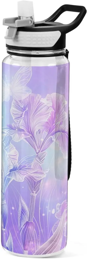 Kigai Transparent Sports Water Bottle 32oz, Dreamy Flower Leakproof Wide Mouth Water Bottle with Straw, BPA Free Water Jug with Detachable Strap & Handle for Fitness Gym Outdoor