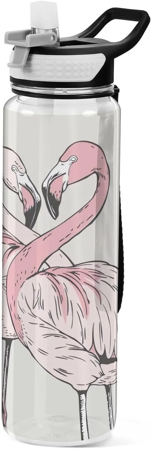 Kigai Transparent Sports Water Bottle 32oz, Flamingo Leakproof Wide Mouth Water Bottle with Straw, BPA Free Water Jug with Detachable Strap & Handle for Fitness Gym Outdoor
