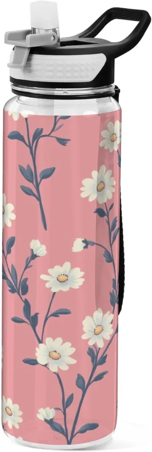 Kigai Transparent Sports Water Bottle 32oz, Floral Leakproof Wide Mouth Water Bottle with Straw, BPA Free Water Jug with Detachable Strap & Handle for Fitness Gym Outdoor