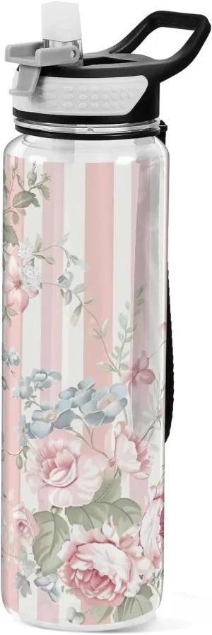 Kigai Transparent Sports Water Bottle 32oz, Flower Stripes Leakproof Wide Mouth Water Bottle with Straw, BPA Free Water Jug with Detachable Strap & Handle for Fitness Gym Outdoor