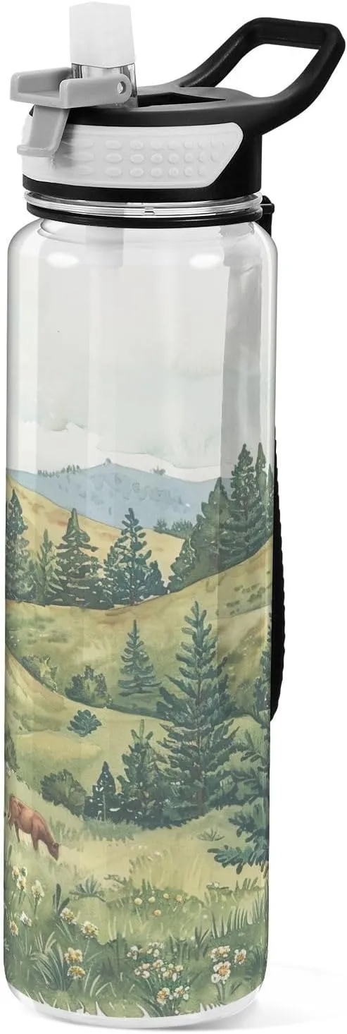 Kigai Transparent Sports Water Bottle 32oz, Grassy Hills Leakproof Wide Mouth Water Bottle with Straw, BPA Free Water Jug with Detachable Strap & Handle for Fitness Gym Outdoor