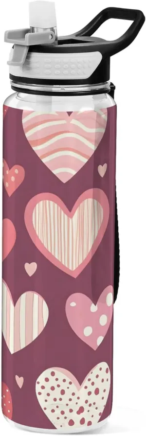 Kigai Transparent Sports Water Bottle 32oz, Hearts Leakproof Wide Mouth Water Bottle with Straw, BPA Free Water Jug with Detachable Strap & Handle for Fitness Gym Outdoor