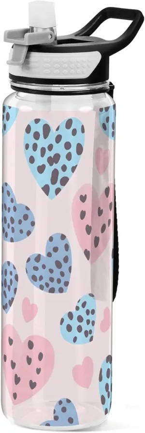 Kigai Transparent Sports Water Bottle 32oz, Leopard Hearts Leakproof Wide Mouth Water Bottle with Straw, BPA Free Water Jug with Detachable Strap & Handle for Fitness Gym Outdoor