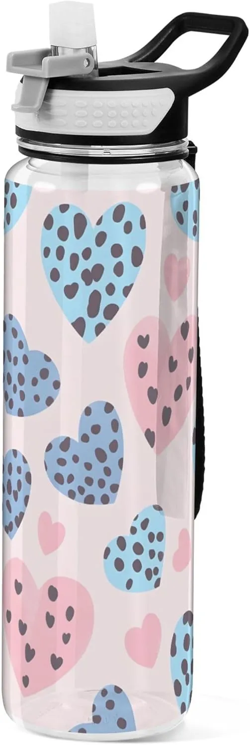 Kigai Transparent Sports Water Bottle 32oz, Leopard Hearts Leakproof Wide Mouth Water Bottle with Straw, BPA Free Water Jug with Detachable Strap & Handle for Fitness Gym Outdoor