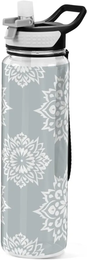Kigai Transparent Sports Water Bottle 32oz, Mandala Snowflake Leakproof Wide Mouth Water Bottle with Straw, BPA Free Water Jug with Detachable Strap & Handle for Fitness Gym Outdoor