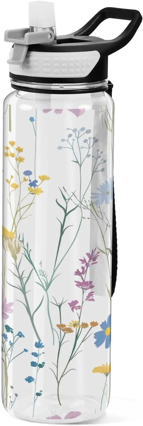 Kigai Transparent Sports Water Bottle 32oz, Minimalistic Wildflowers Leakproof Wide Mouth Water Bottle with Straw, BPA Free Water Jug with Detachable Strap & Handle for Fitness Gym Outdoor