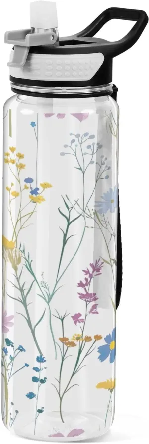 Kigai Transparent Sports Water Bottle 32oz, Minimalistic Wildflowers Leakproof Wide Mouth Water Bottle with Straw, BPA Free Water Jug with Detachable Strap & Handle for Fitness Gym Outdoor