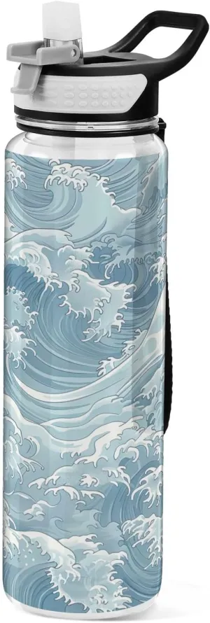 Kigai Transparent Sports Water Bottle 32oz, Ocean Waves Leakproof Wide Mouth Water Bottle with Straw, BPA Free Water Jug with Detachable Strap & Handle for Fitness Gym Outdoor