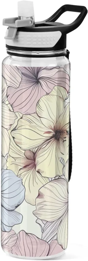 Kigai Transparent Sports Water Bottle 32oz, Pastel Flowers Leakproof Wide Mouth Water Bottle with Straw, BPA Free Water Jug with Detachable Strap & Handle for Fitness Gym Outdoor