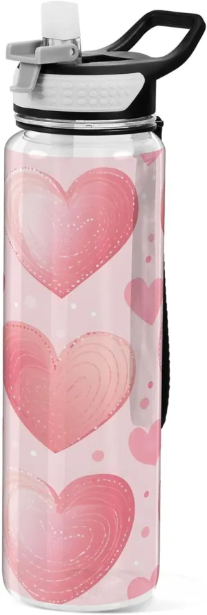 Kigai Transparent Sports Water Bottle 32oz, Pink Hearts Leakproof Wide Mouth Water Bottle with Straw, BPA Free Water Jug with Detachable Strap & Handle for Fitness Gym Outdoor
