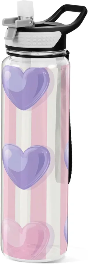 Kigai Transparent Sports Water Bottle 32oz, Pink Purple Hearts Leakproof Wide Mouth Water Bottle with Straw, BPA Free Water Jug with Detachable Strap & Handle for Fitness Gym Outdoor