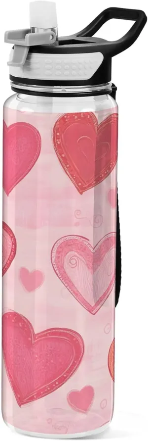 Kigai Transparent Sports Water Bottle 32oz, Pink Red Hearts Leakproof Wide Mouth Water Bottle with Straw, BPA Free Water Jug with Detachable Strap & Handle for Fitness Gym Outdoor