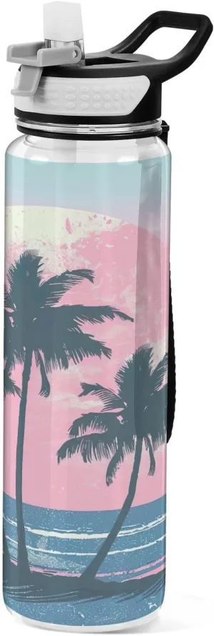 Kigai Transparent Sports Water Bottle 32oz, Pretty Palm Tree Leakproof Wide Mouth Water Bottle with Straw, BPA Free Water Jug with Detachable Strap & Handle for Fitness Gym Outdoor